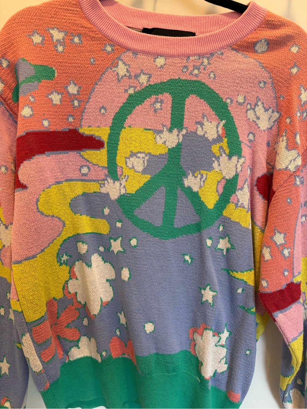 Nicole Miller Multicolor Peace Sign Crewneck Sweater - Pink, Purple & Green - Picture 2 of 4